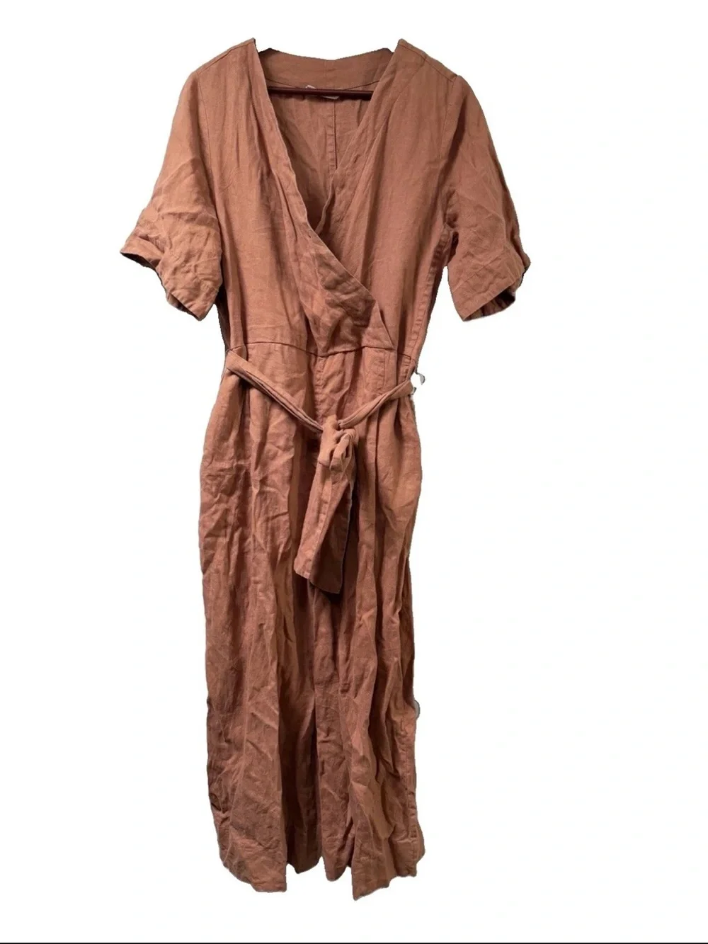 Everlane European Flax Linen Wide Leg Wrap Clay Brown Belted Jumpsuit 10 Summer